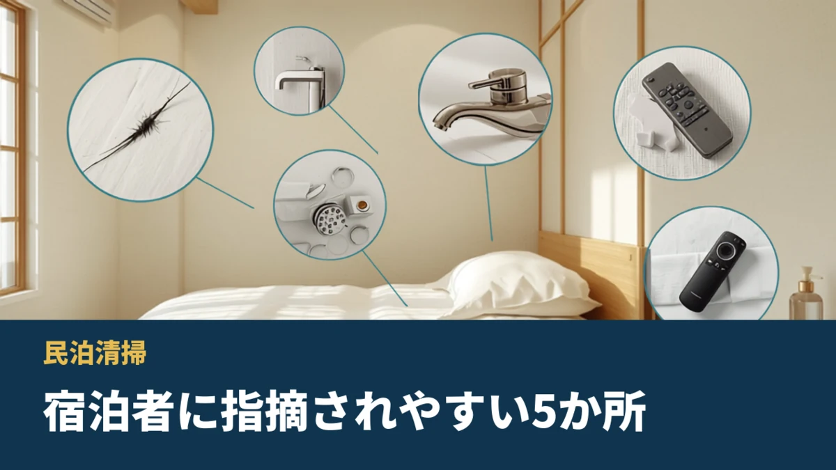 清掃後の民泊客室のイメージ写真と、確認する5項目のアイコンの画像