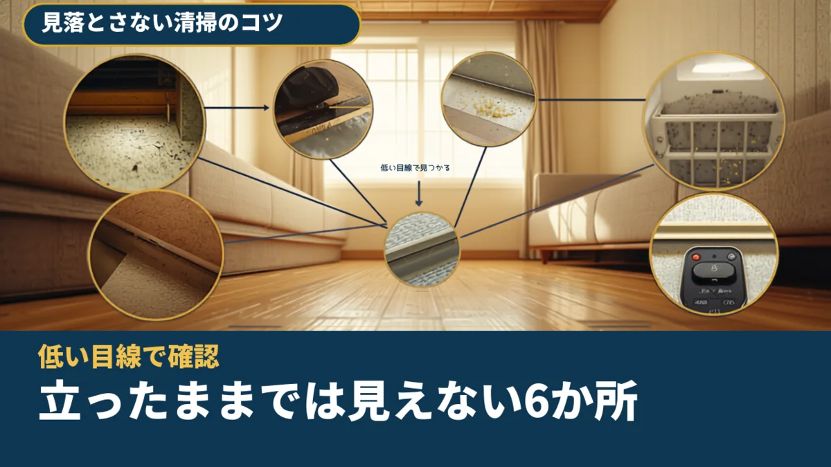 床に近い低い視点から見た室内のイメージ写真と、見落としやすい6項目のアイコンの画像