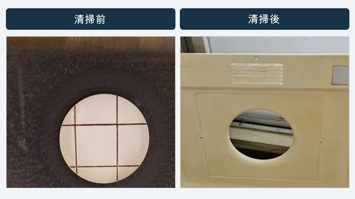 黒い付着物があるレンジフードの取り外しパネルと清掃後の状態の比較